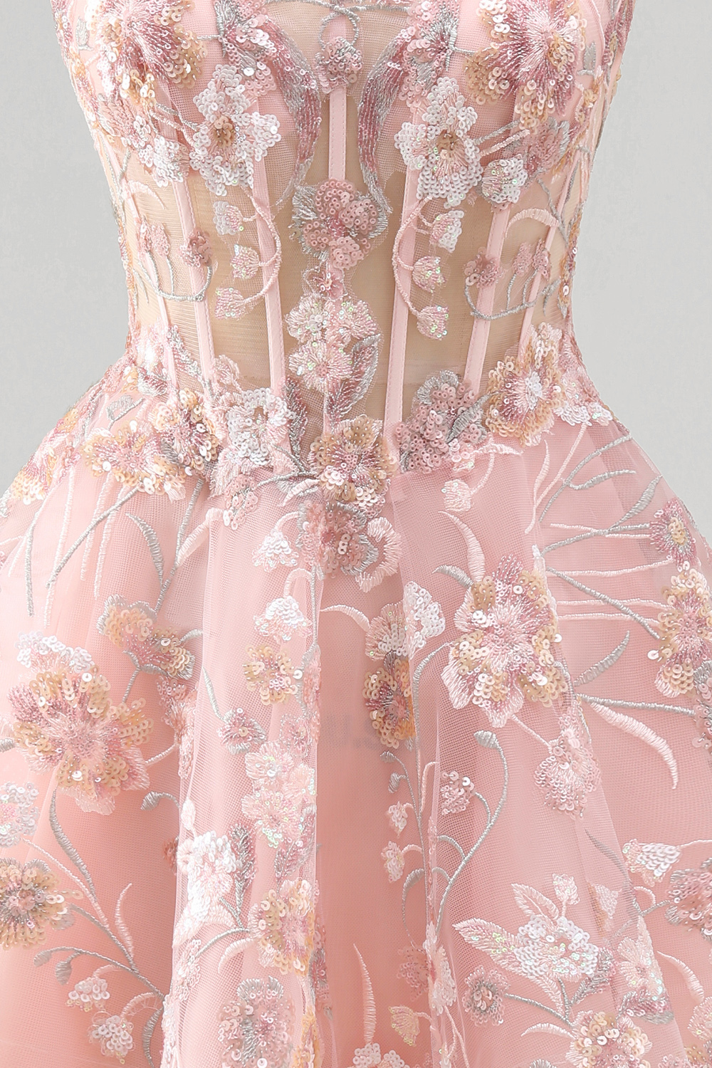Pink Corset Floral A Line Square Neck Short Homecoming Dress