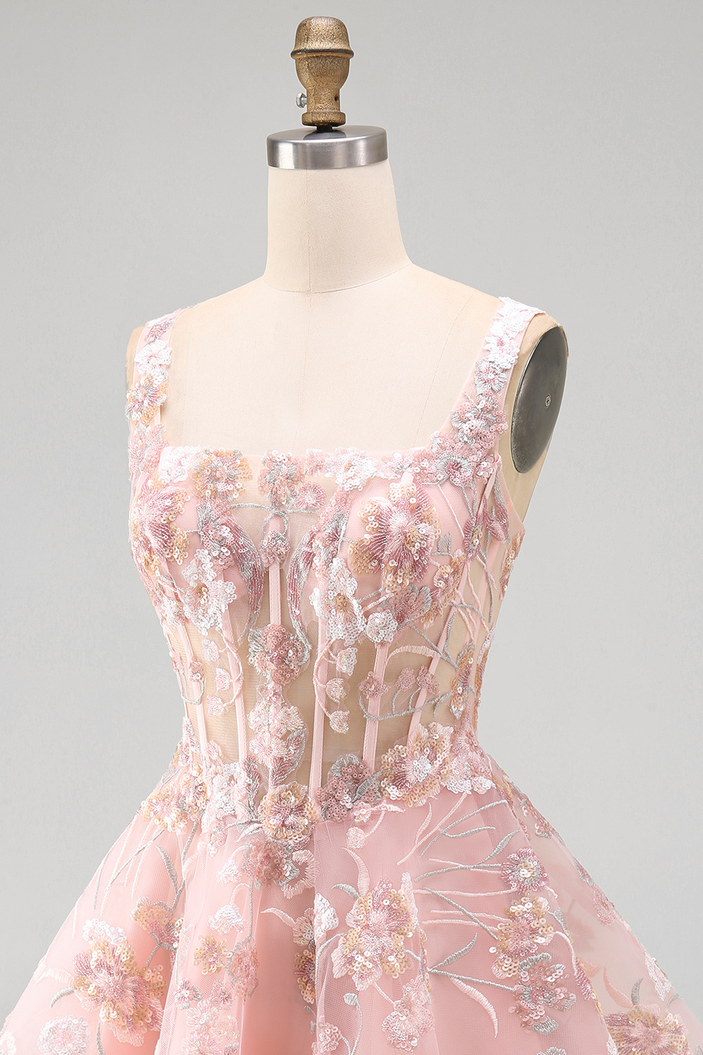 Pink Corset Floral A Line Square Neck Short Homecoming Dress