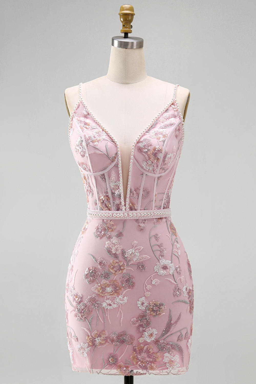 Pink Floral V-Neck Tight Short Corset Homecoming Dress with Beading