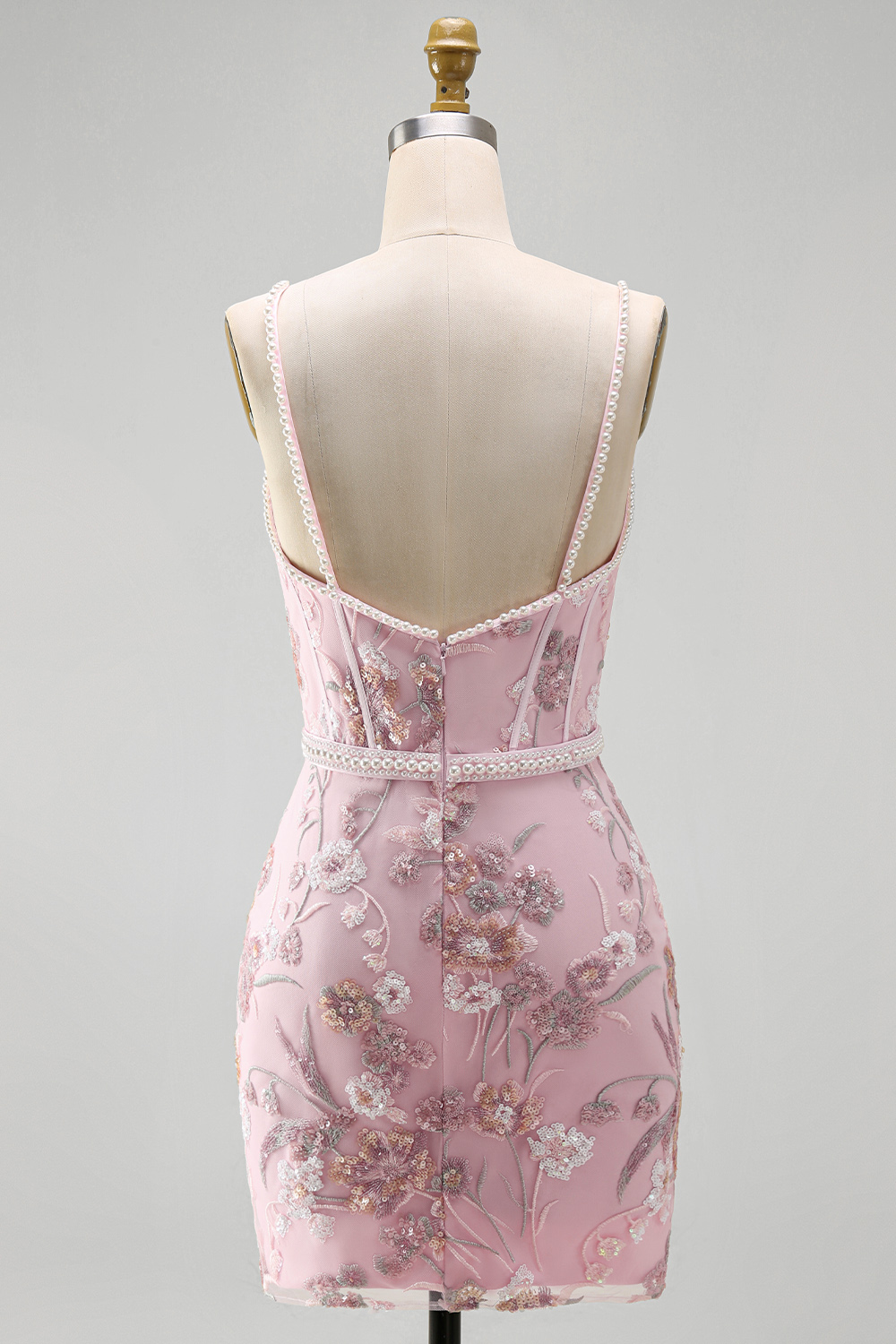 Pink Floral V-Neck Tight Short Corset Homecoming Dress with Beading