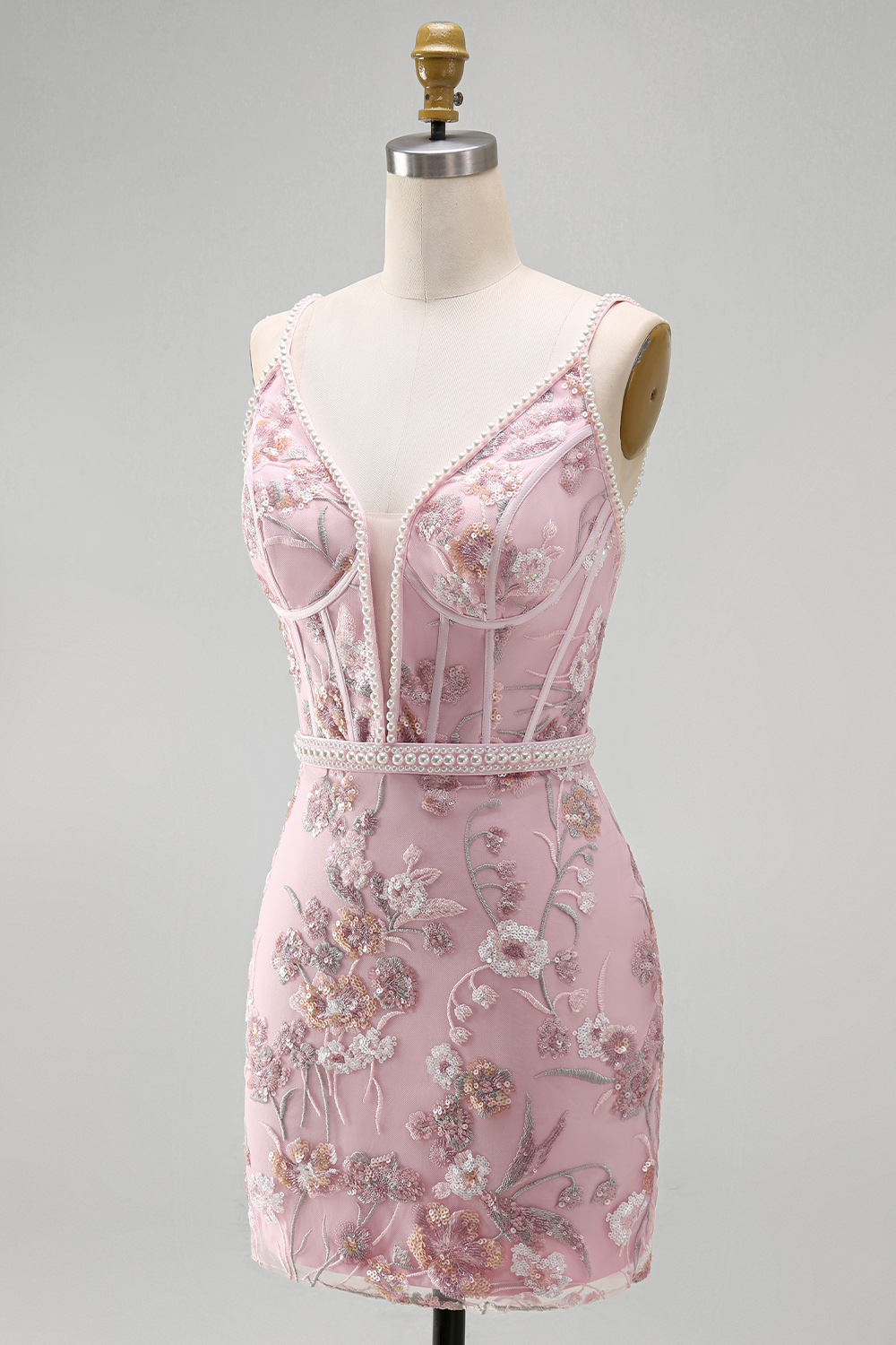 Pink Floral V-Neck Tight Short Corset Homecoming Dress with Beading