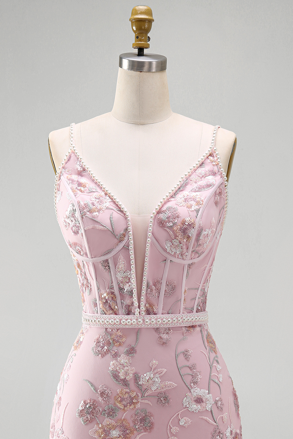 Pink Floral V-Neck Tight Short Corset Homecoming Dress with Beading
