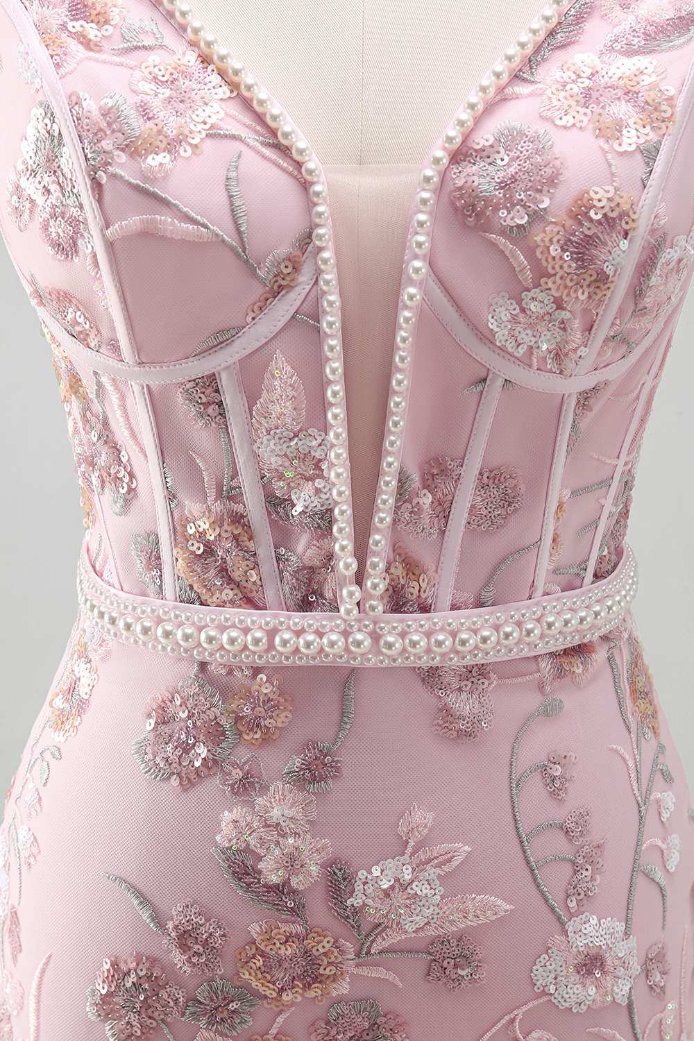 Pink Floral V-Neck Tight Short Corset Homecoming Dress with Beading