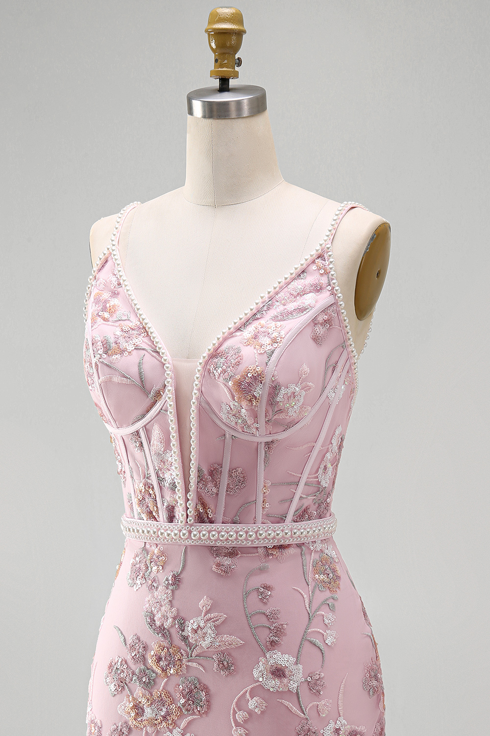 Pink Floral V-Neck Tight Short Corset Homecoming Dress with Beading