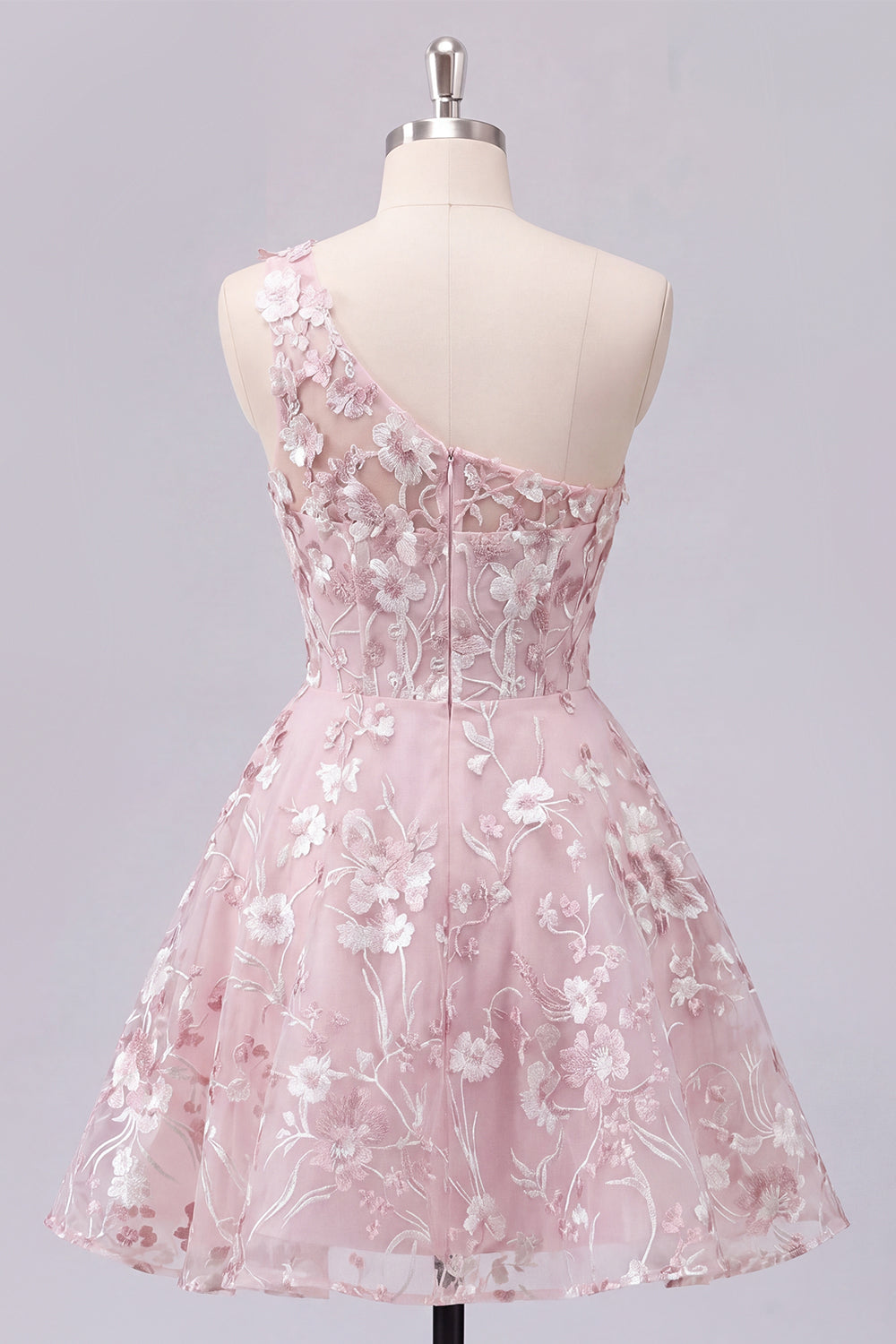 Floral Pink A Line One Shoulder Short Corset Homecoming Dress