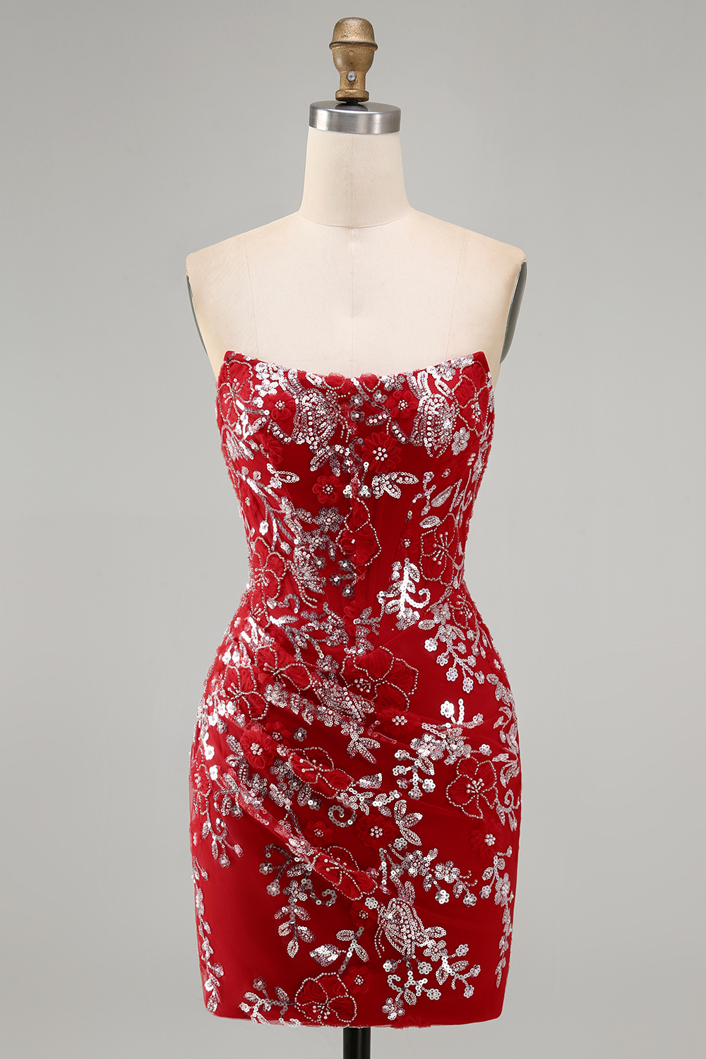 Sparkly Red Beaded Floral Tight Short Homecoming Dress
