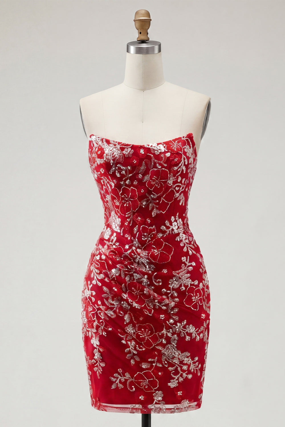 Sparkly Red Short Beaded Floral Strapless Ruched Tight Homecoming Dress