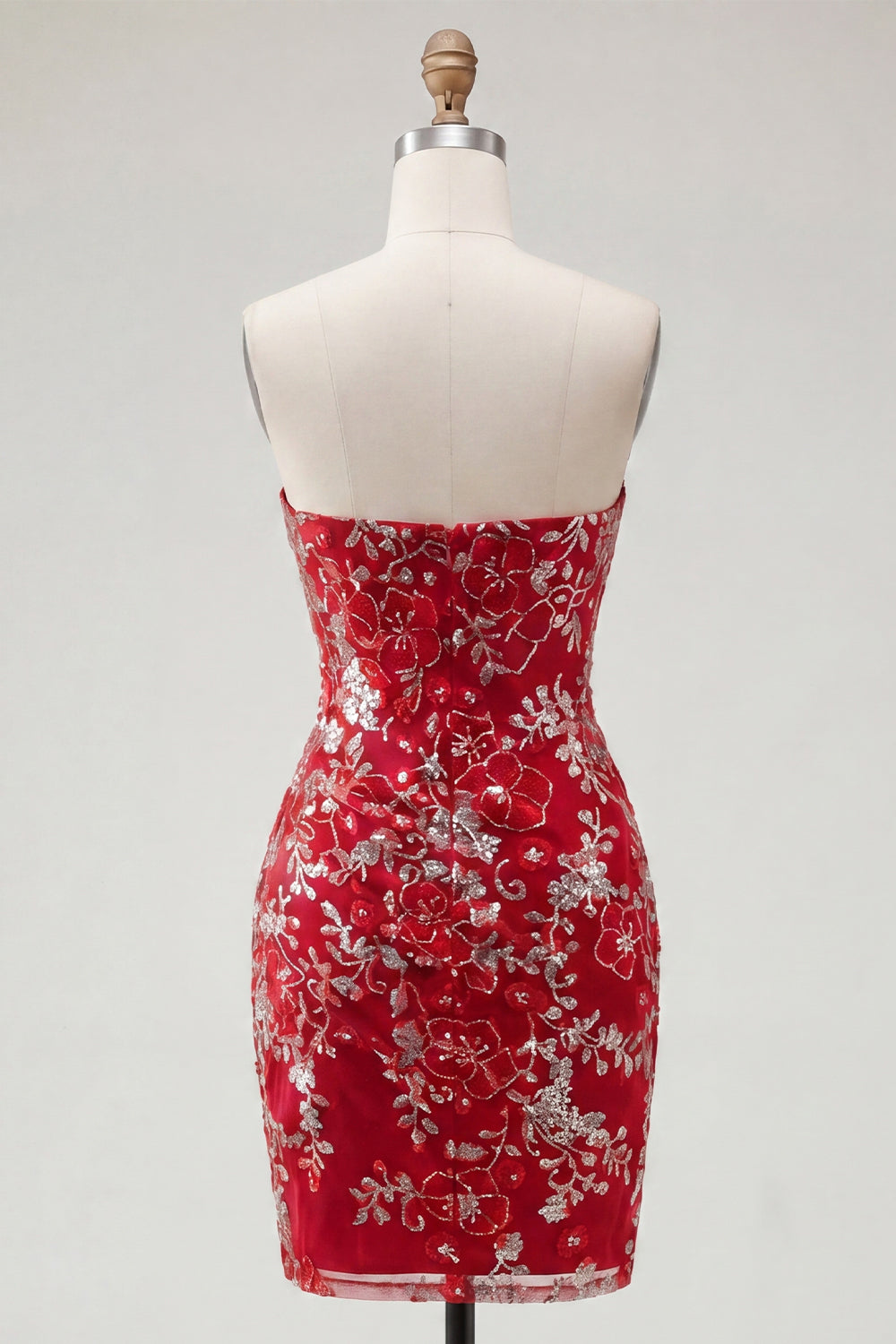 Sparkly Red Short Beaded Floral Strapless Ruched Tight Homecoming Dress