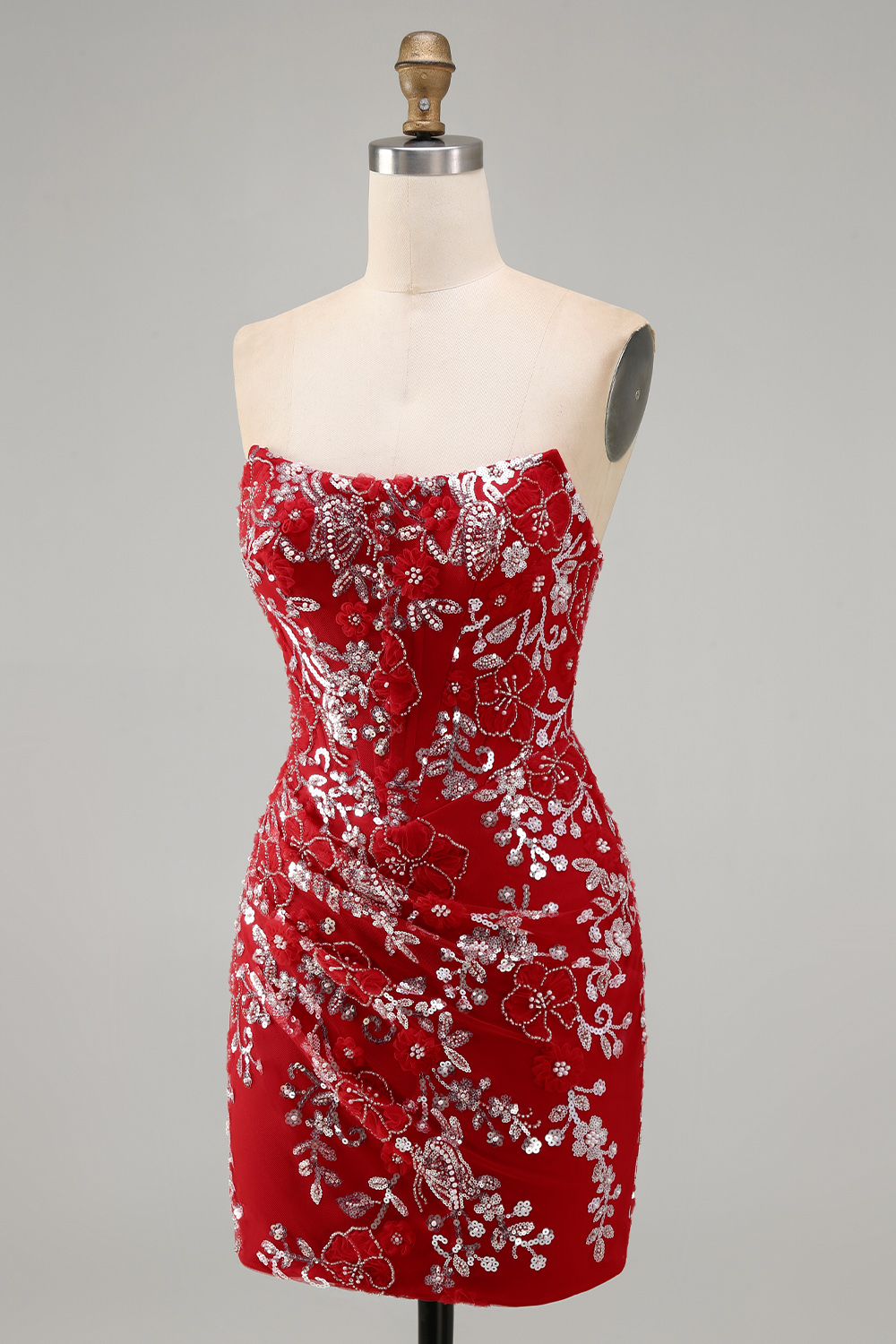 Sparkly Red Beaded Floral Tight Short Homecoming Dress