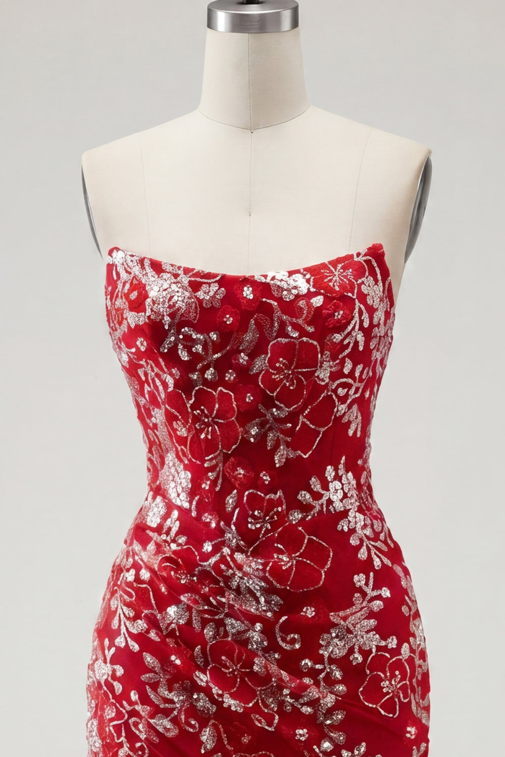 Sparkly Red Short Beaded Floral Strapless Ruched Tight Homecoming Dress