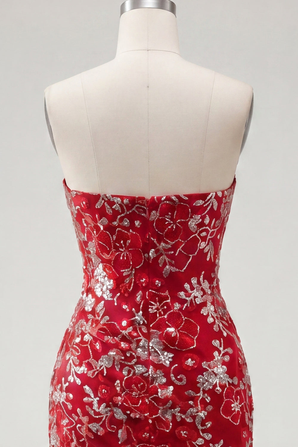 Sparkly Red Short Beaded Floral Strapless Ruched Tight Homecoming Dress