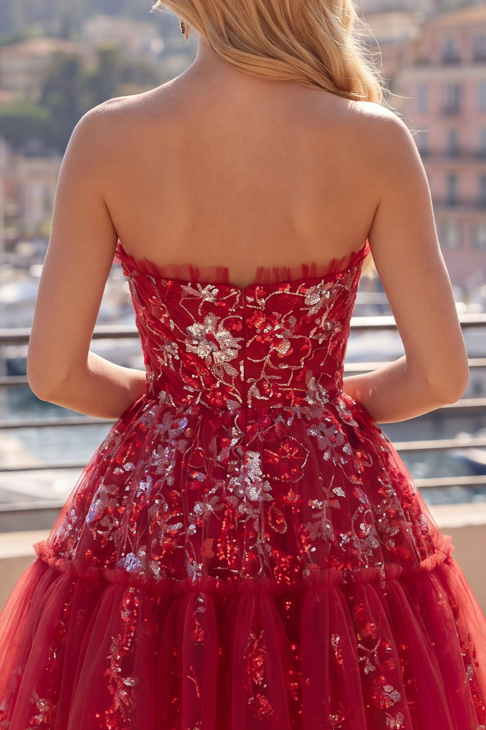 Sparkly Red A Line Short Beaded Ruched Floral Homecoming Dress with Ruffles