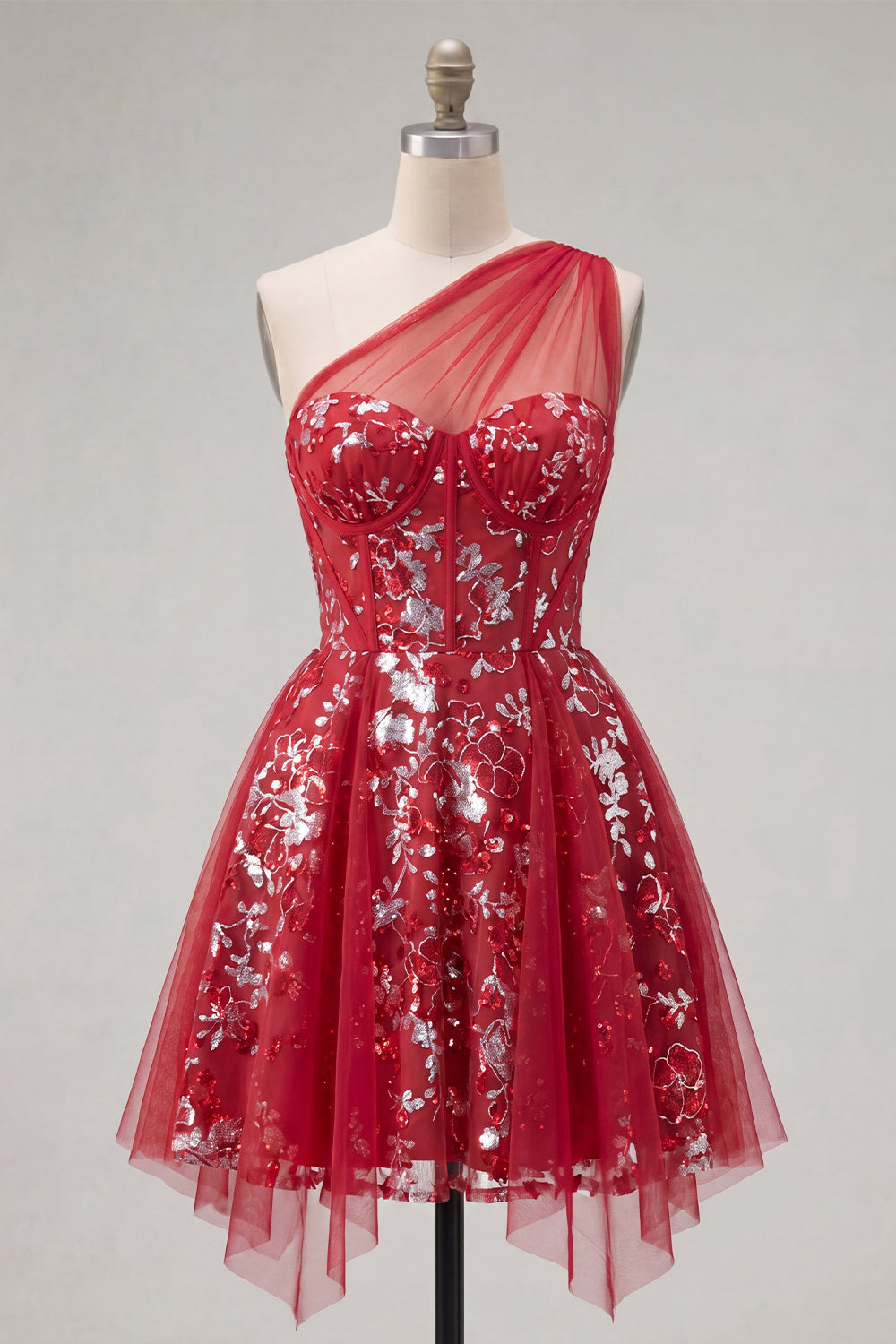 Sparkly Red Floral Corset A Line Short Beaded Homecoming Dress with Ruffles