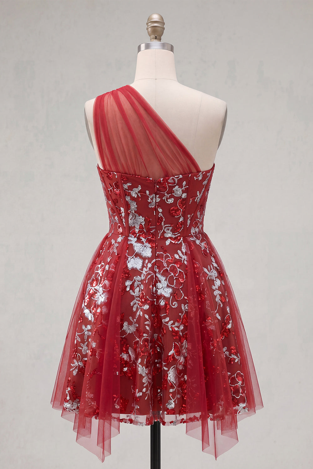 Sparkly Red Floral Corset A Line Short Beaded Homecoming Dress with Ruffles