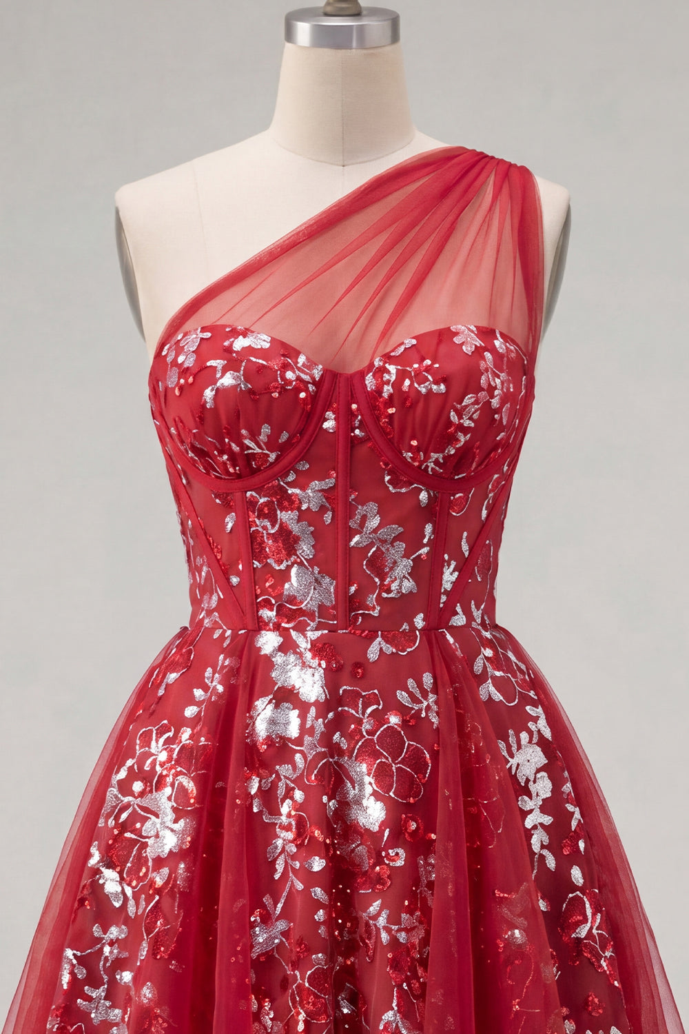 Sparkly Red Floral Corset A Line Short Beaded Homecoming Dress with Ruffles
