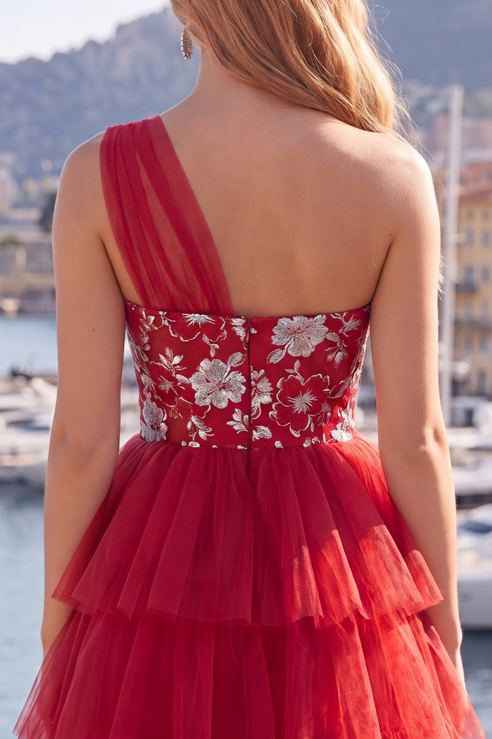 Red One Shoulder A Line Floral Short Homecoming Dress with Ruffles