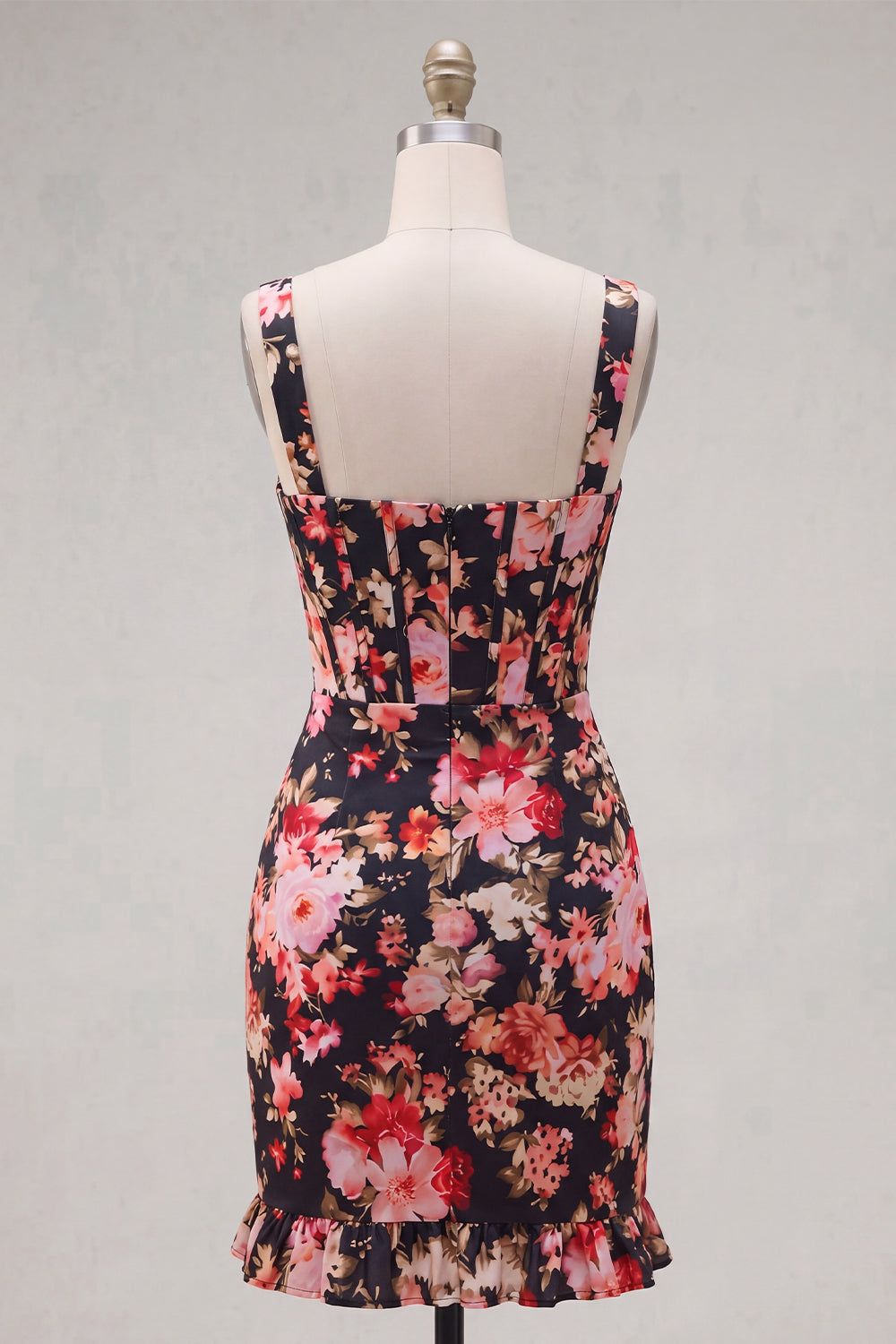 Black Pink Flower Thick Straps Tight Short Corset Homecoming Dress with Ruffles