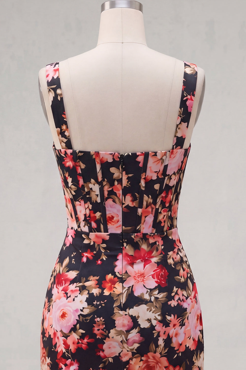 Black Pink Flower Thick Straps Tight Short Corset Homecoming Dress with Ruffles