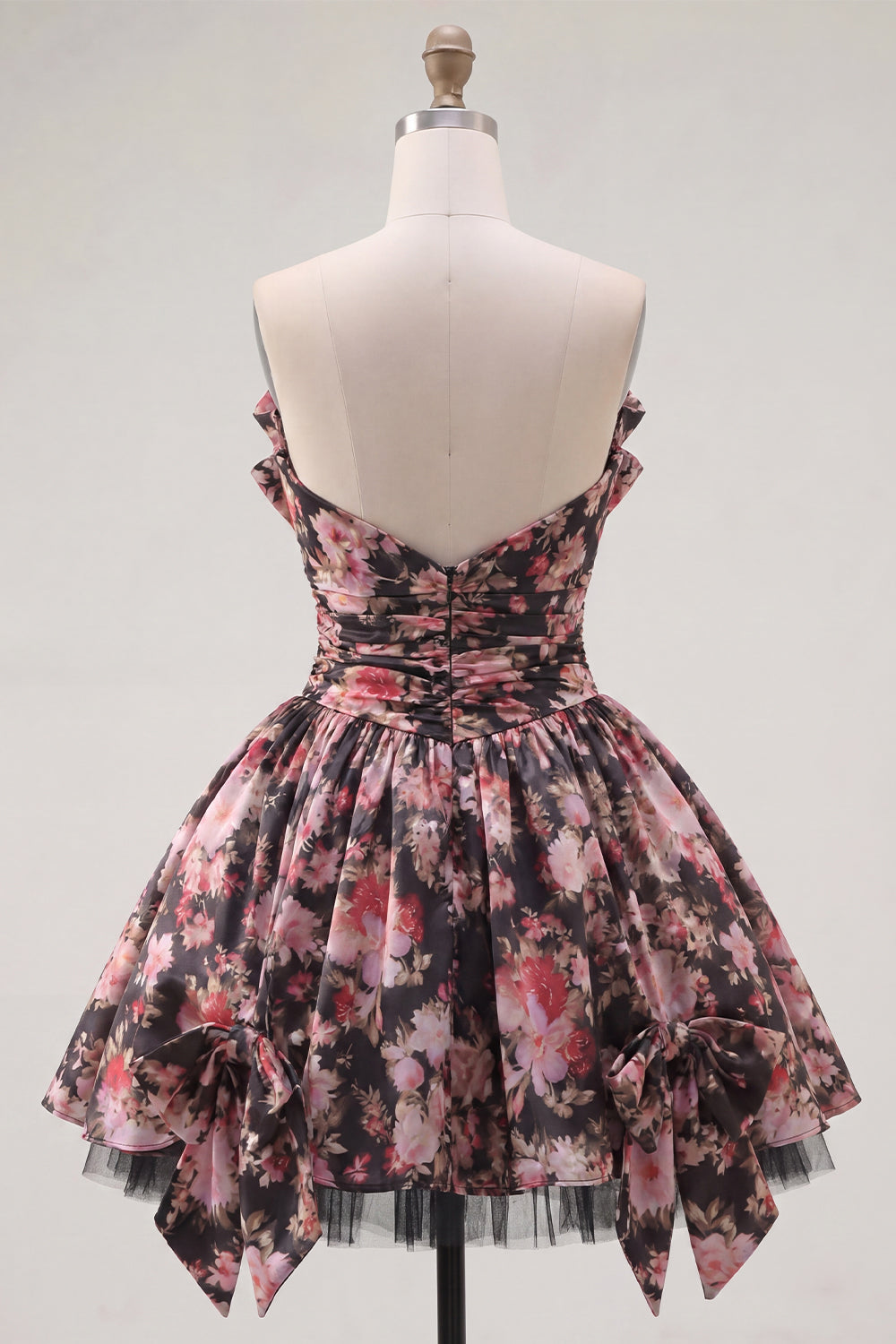 Black Pink Flower V-Neck A Line Short Ruched Homecoming Dress with Bows