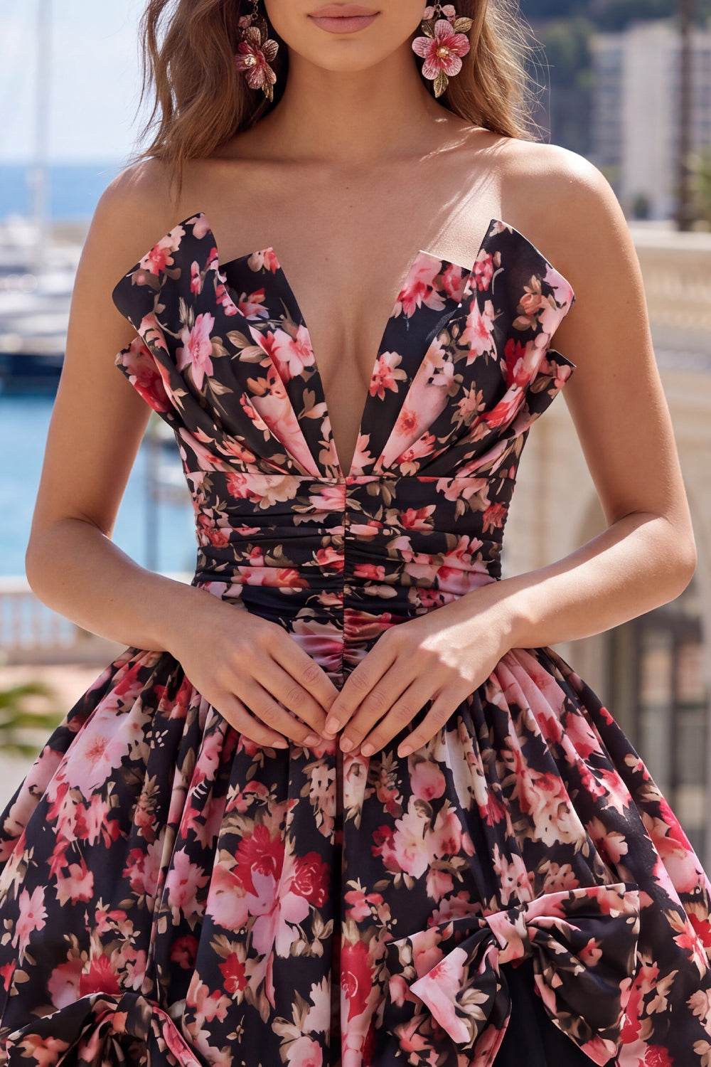 Black Pink Flower V-Neck A Line Short Ruched Homecoming Dress with Bows