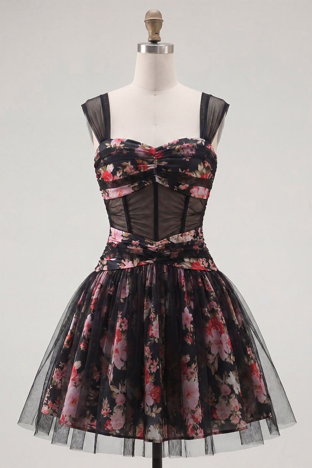 Black Pink Floral A Line Ruched Corset Short Homecoming Dress