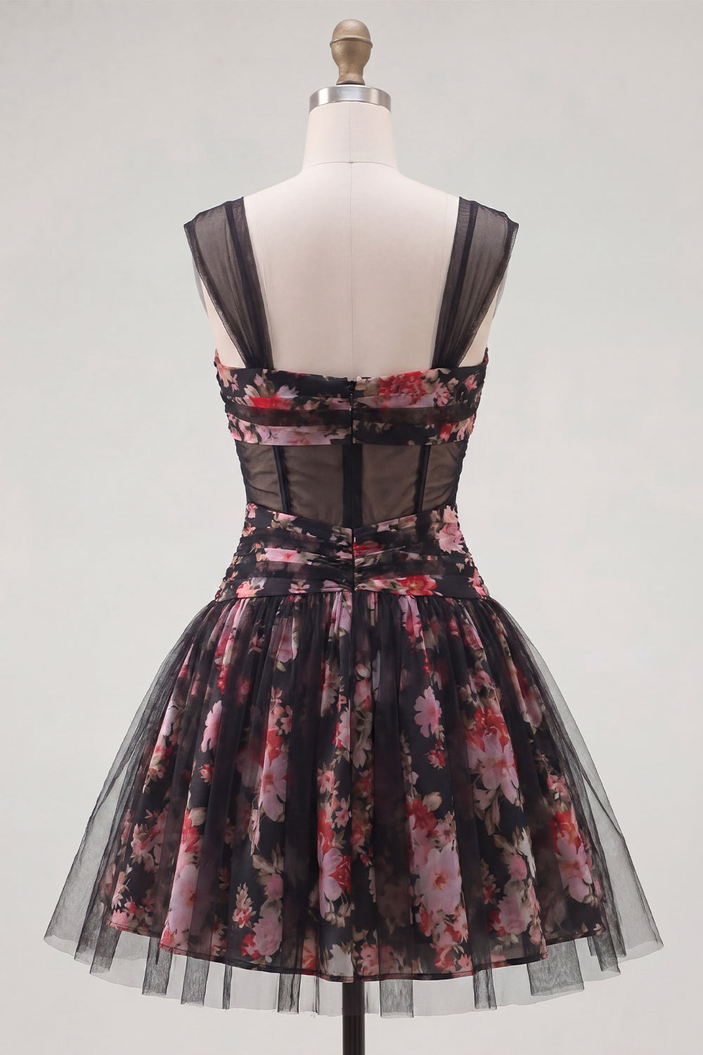 Black Pink Floral A Line Ruched Corset Short Homecoming Dress
