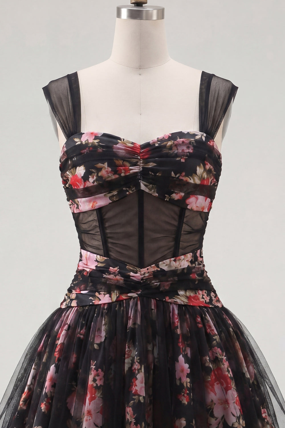 Black Pink Floral A Line Ruched Corset Short Homecoming Dress