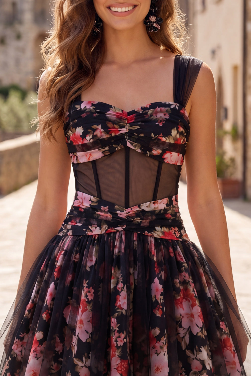 Black Pink Floral A Line Ruched Corset Short Homecoming Dress