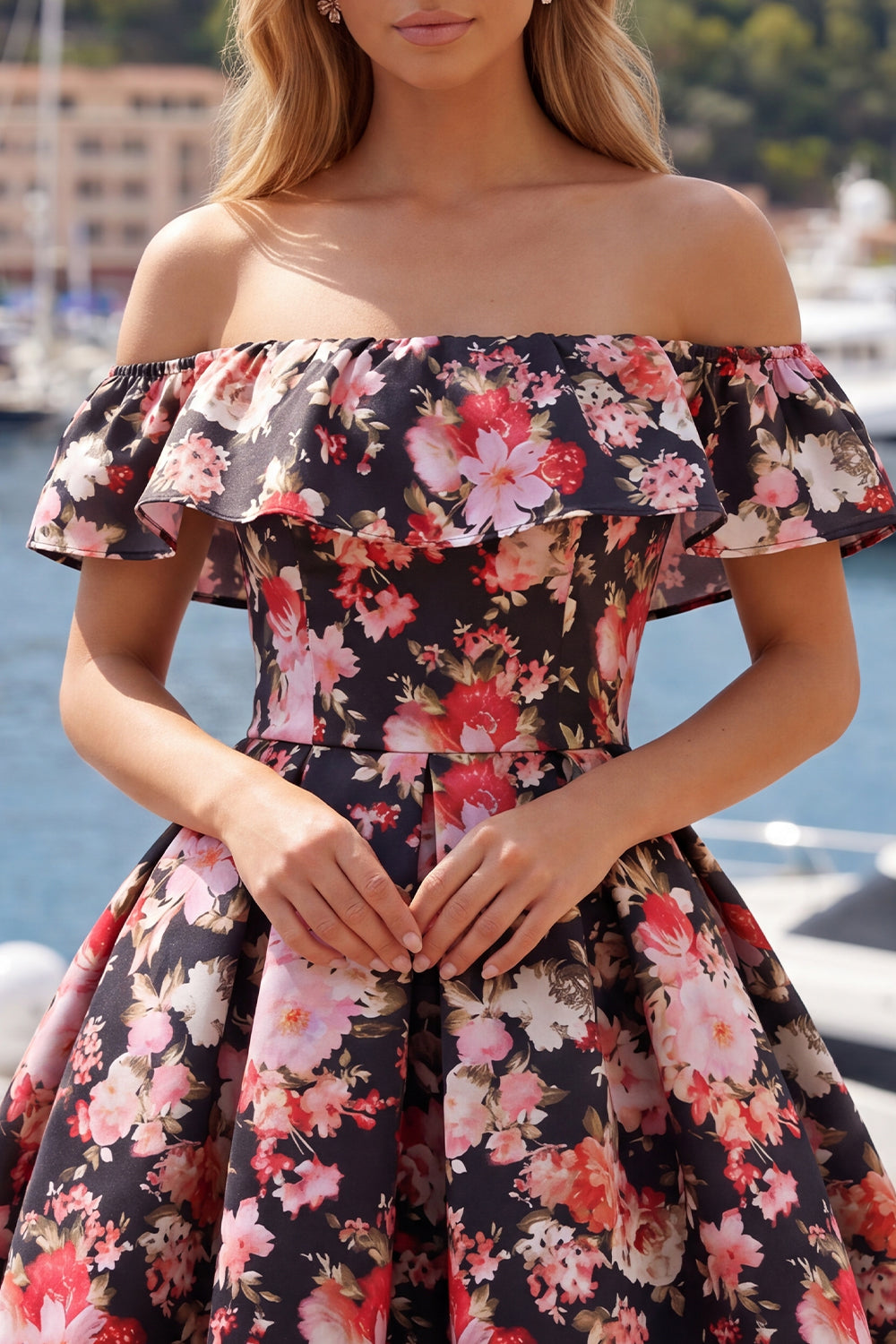 Black Pink Flower Off the Shoulder A Line Short Homecoming Dress