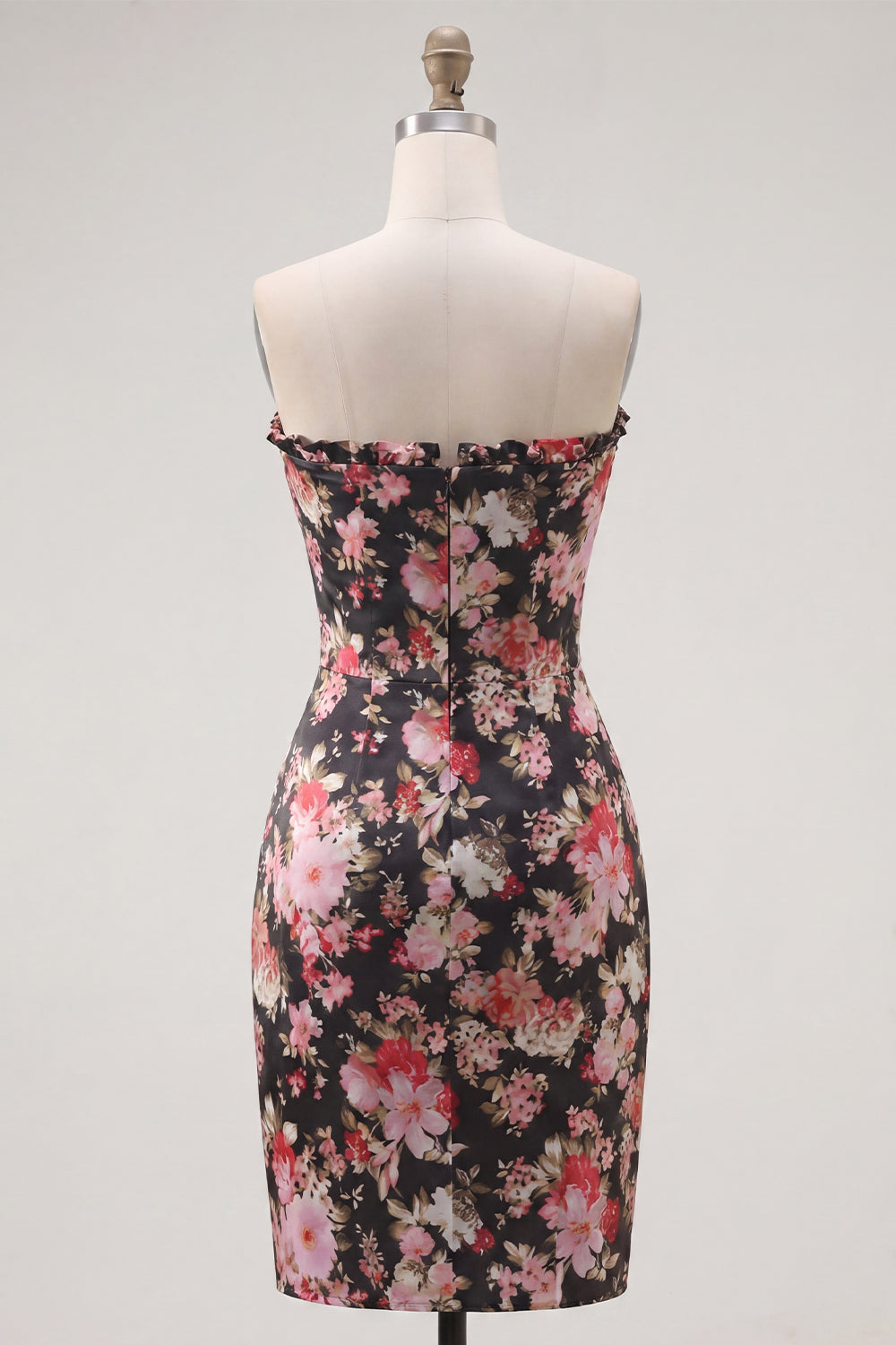 Black Pink Flower Strapless Ruched Tight Short Corset Homecoming Dress