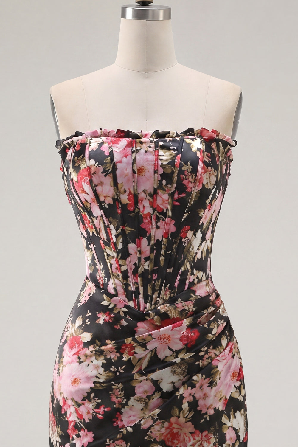 Black Pink Flower Strapless Ruched Tight Short Corset Homecoming Dress