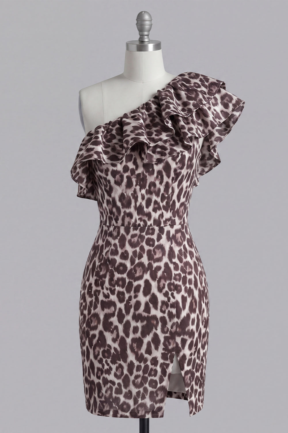 Coffee One Shoulder Ruffles Leopard Print Tight Short Homecoming Dress with Slit