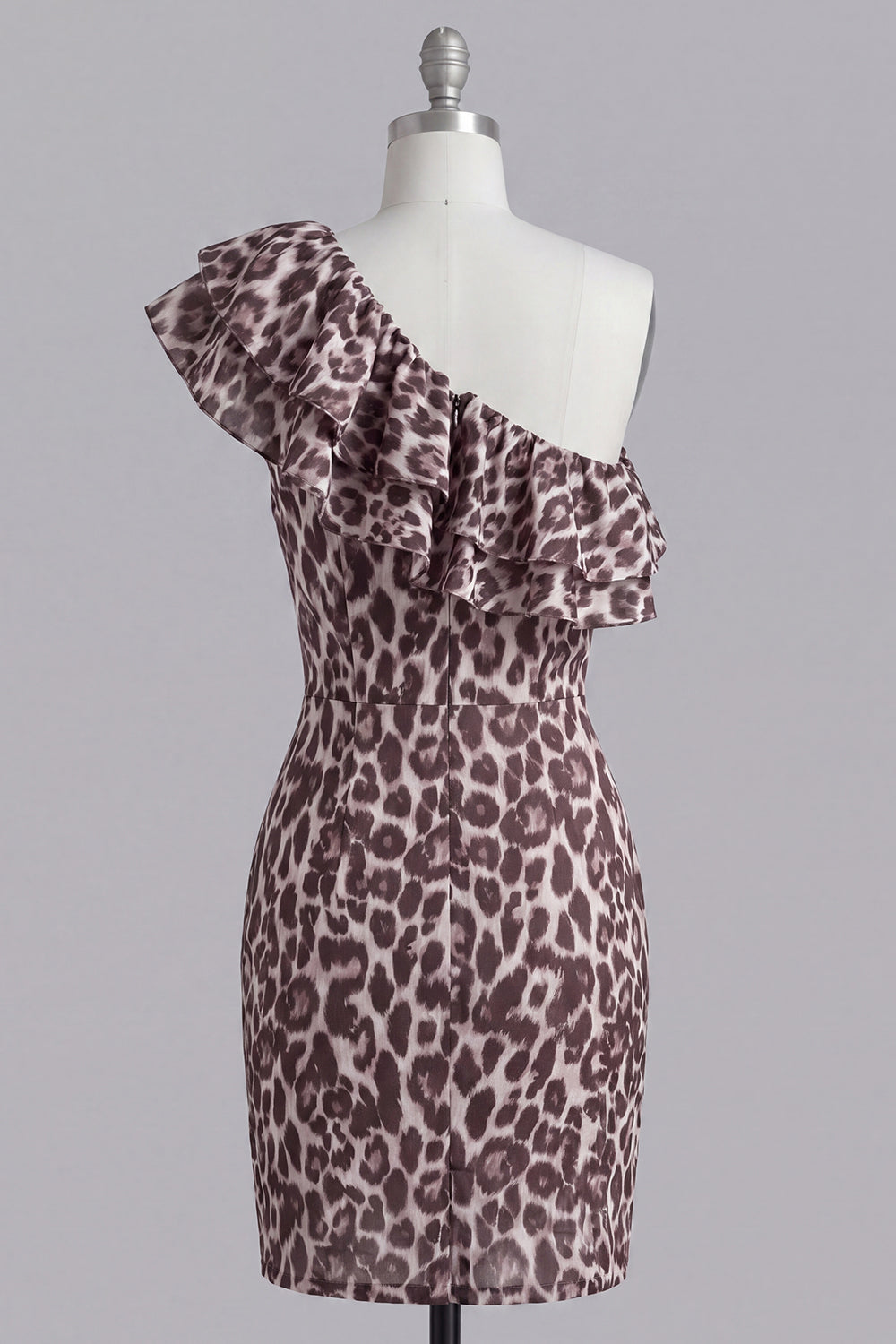 Coffee One Shoulder Ruffles Leopard Print Tight Short Homecoming Dress with Slit