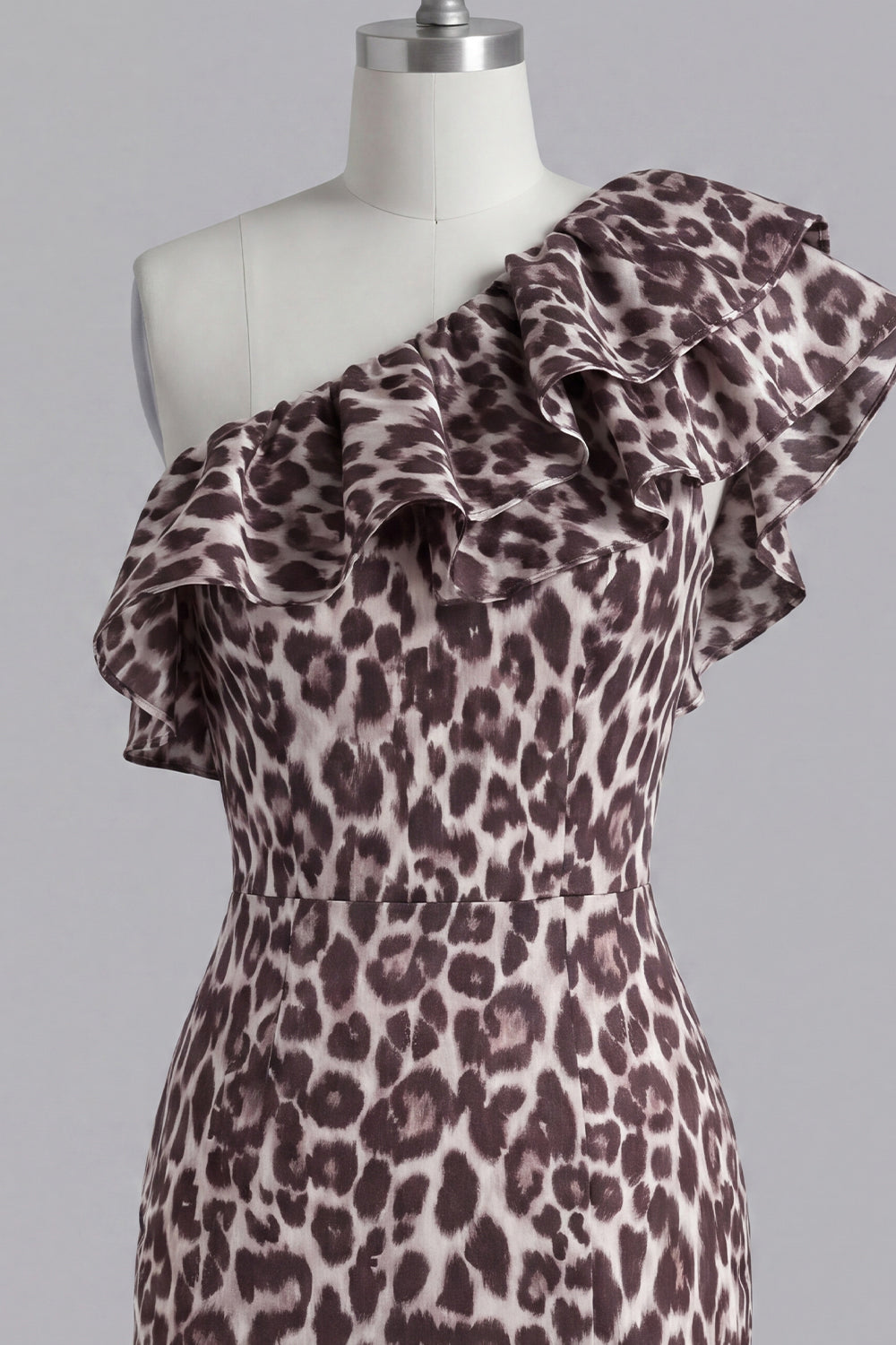 Coffee One Shoulder Ruffles Leopard Print Tight Short Homecoming Dress with Slit