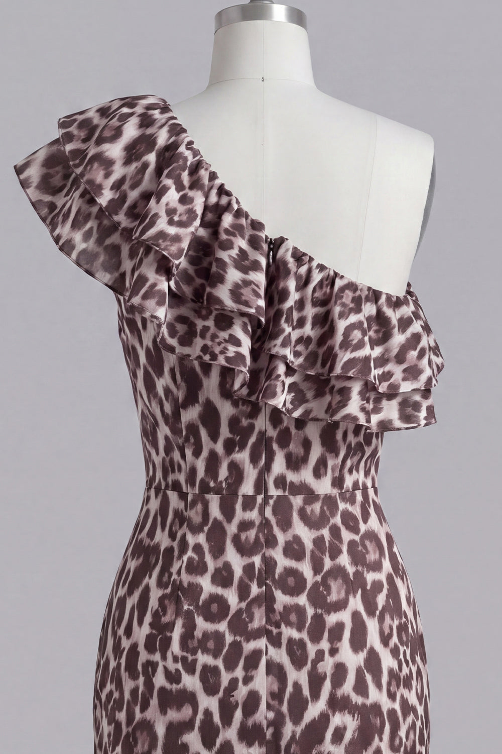 Coffee One Shoulder Ruffles Leopard Print Tight Short Homecoming Dress with Slit