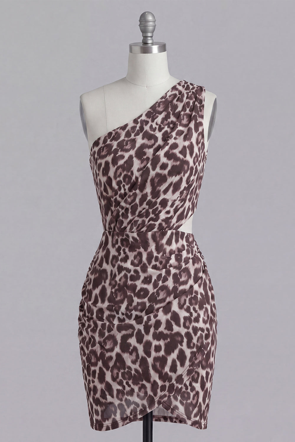 Coffee Leopard Print Cut Out One Shoulder Ruched Tight Short Homecoming Dress