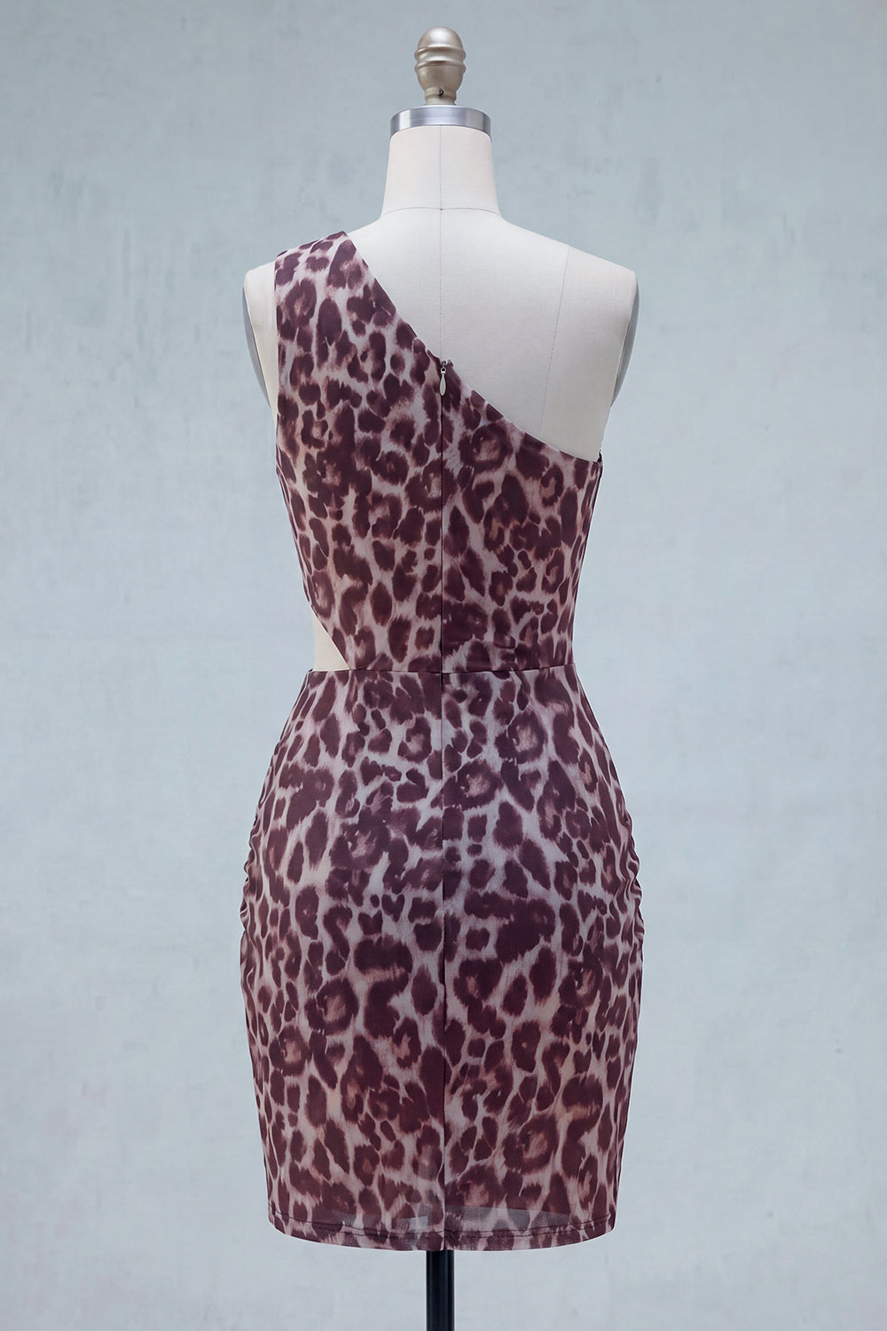 Coffee Leopard Print Cut Out One Shoulder Ruched Tight Short Homecoming Dress