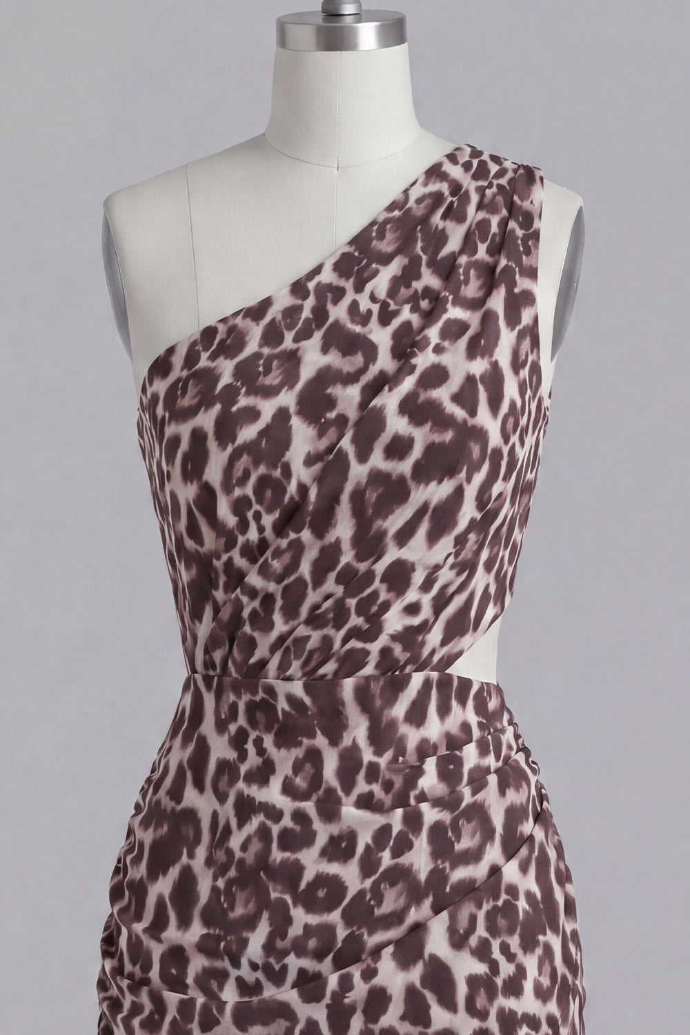 Coffee Leopard Print Cut Out One Shoulder Ruched Tight Short Homecoming Dress