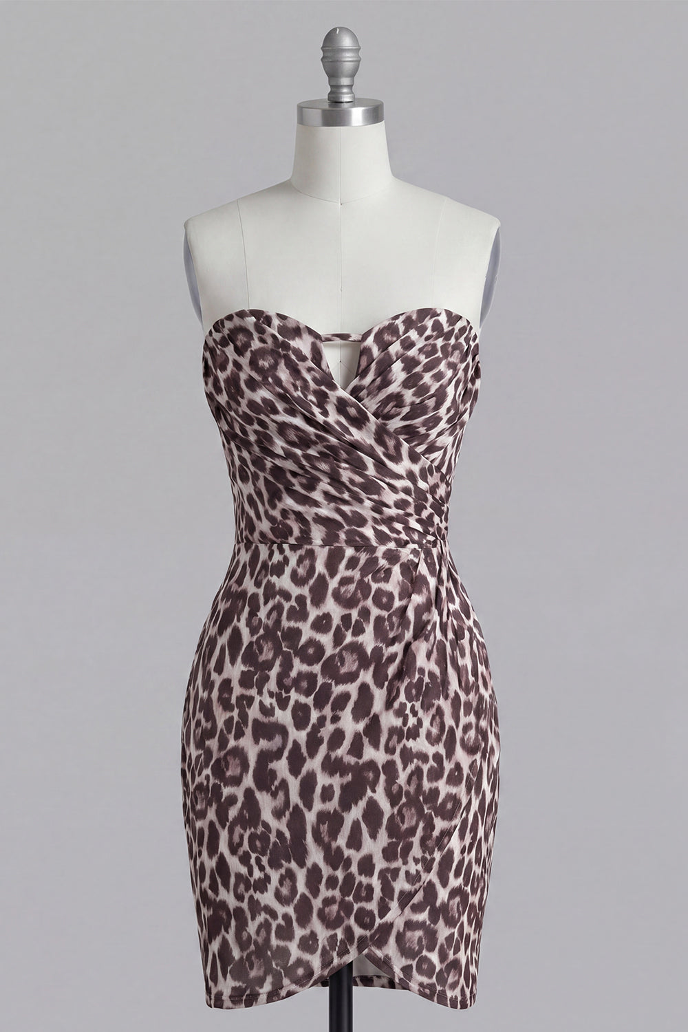 Coffee Strapless Leopard Print Ruched Tight Short Homecoming Dress