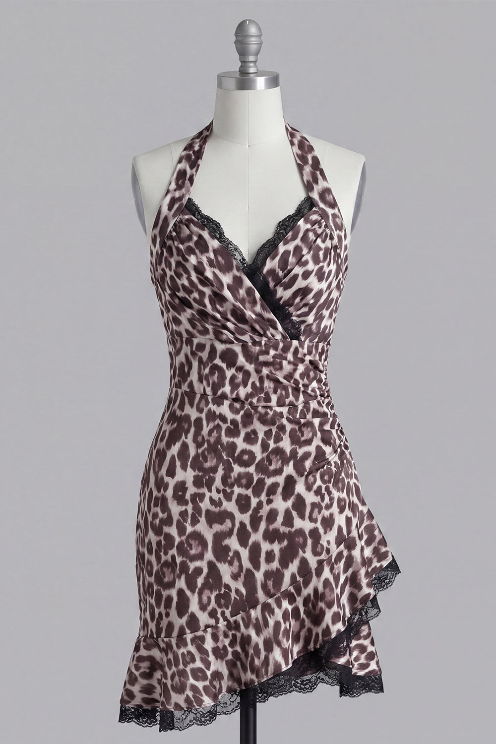 Coffee Halter Leopard Print Short Tight Homecoming Dress with Lace