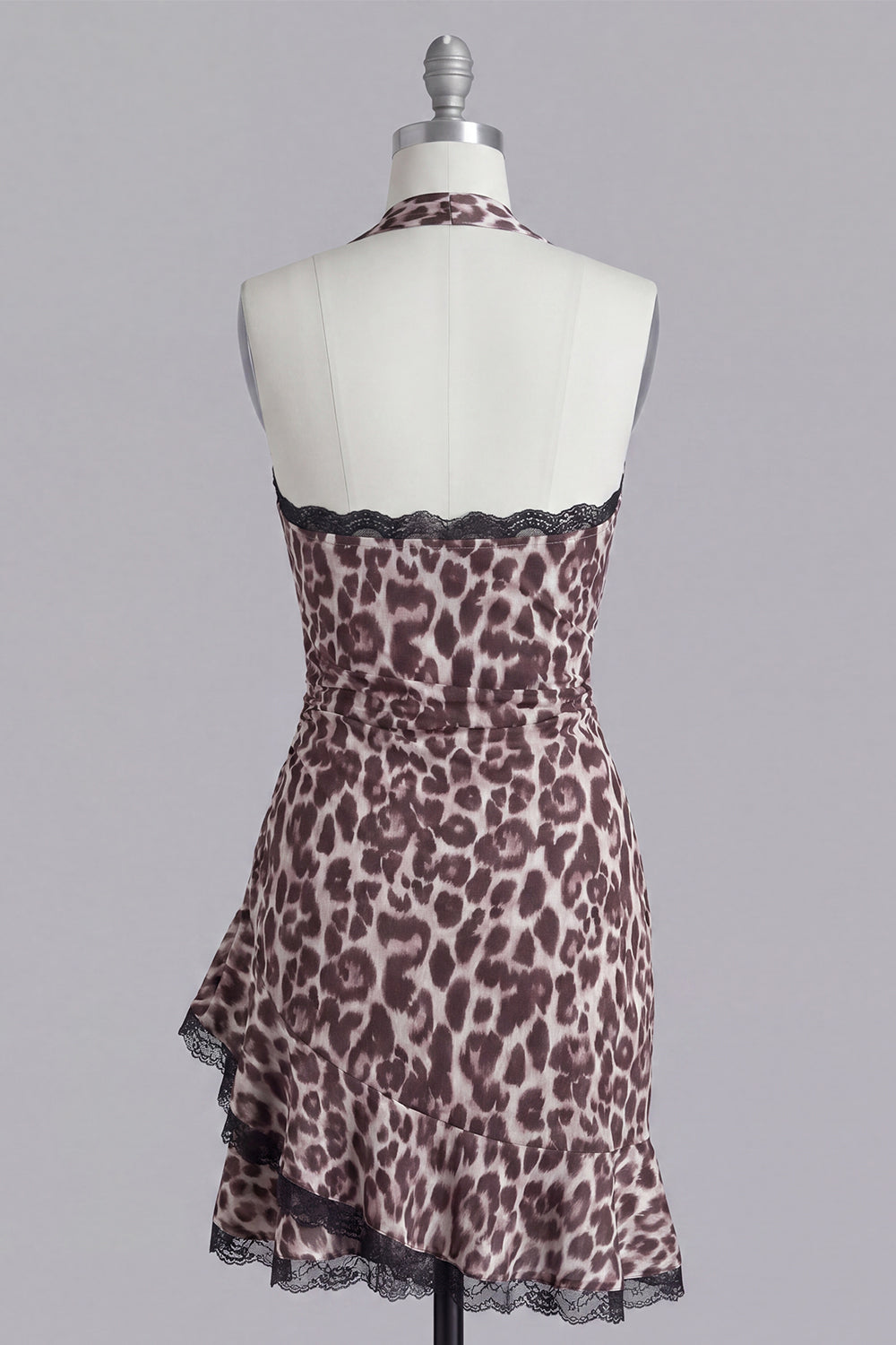 Coffee Halter Leopard Print Short Tight Homecoming Dress with Lace