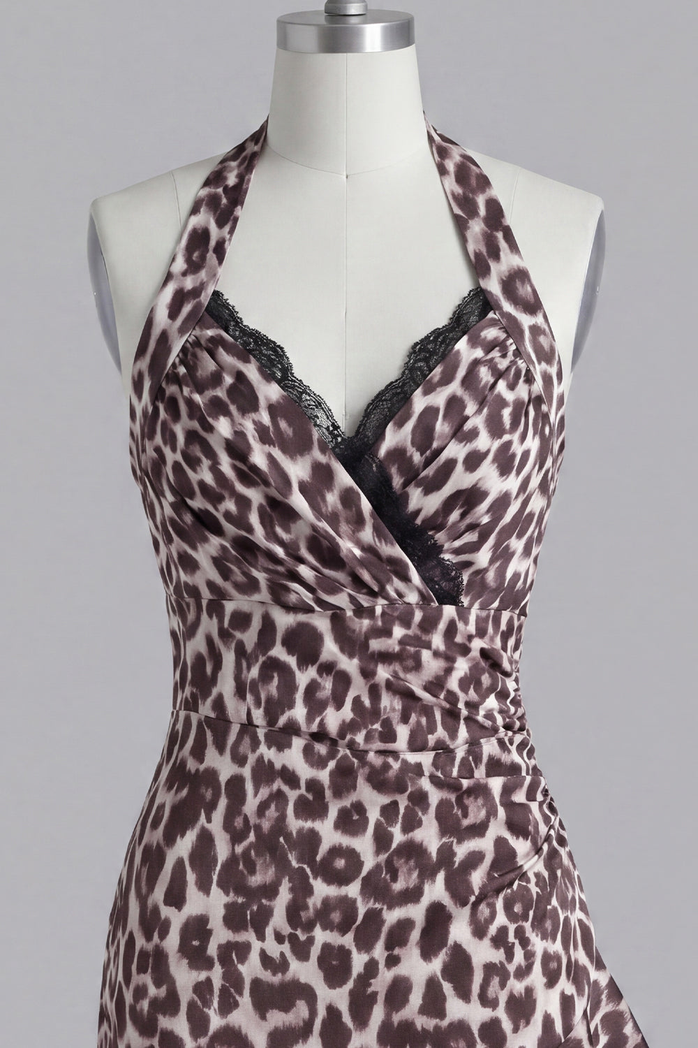 Coffee Halter Leopard Print Short Tight Homecoming Dress with Lace
