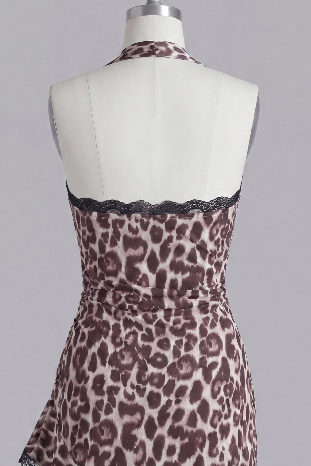 Coffee Halter Leopard Print Short Tight Homecoming Dress with Lace