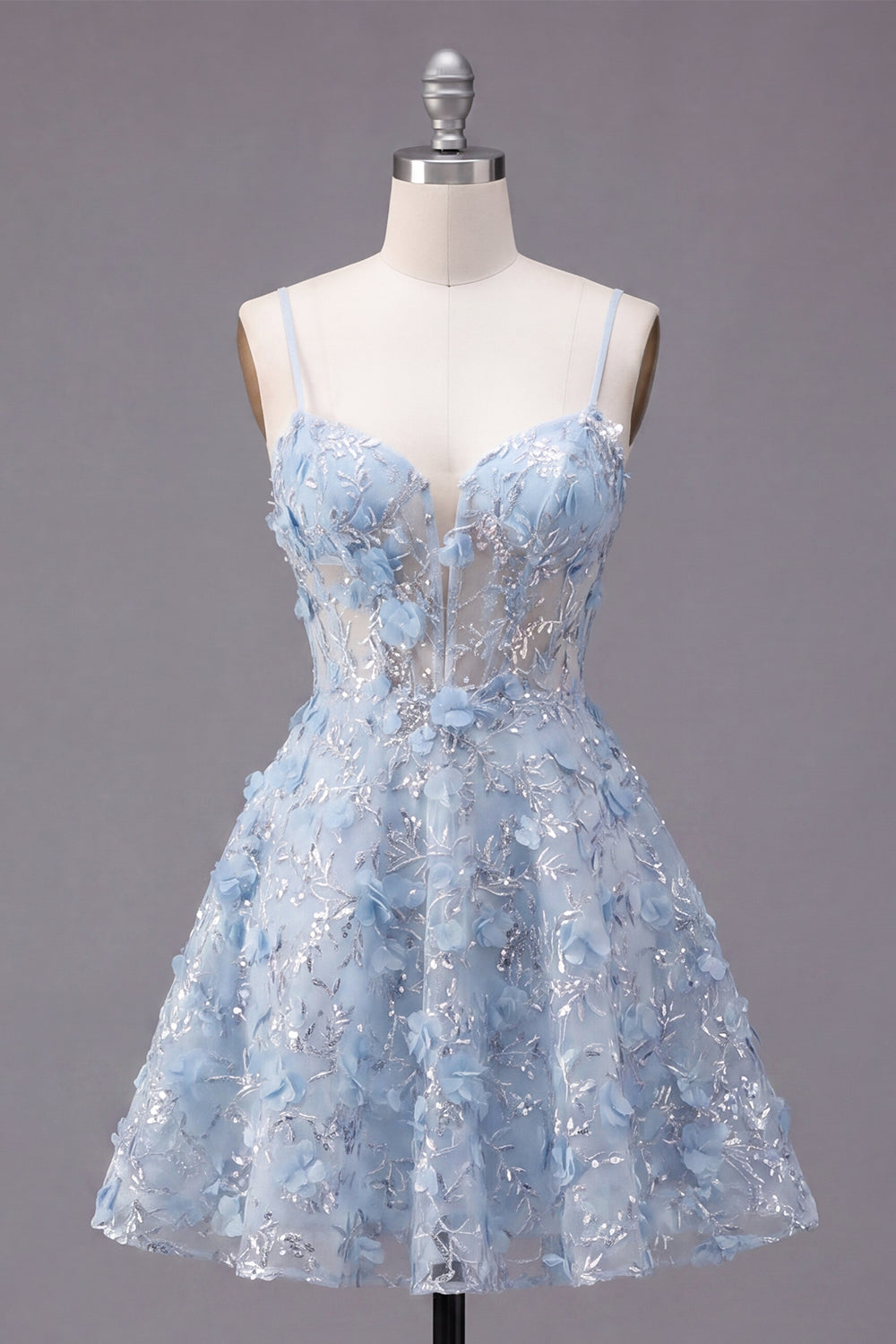 Sparkly Blue Spaghetti Straps Floral Sequin A Line Short Corset Homecoming Dress