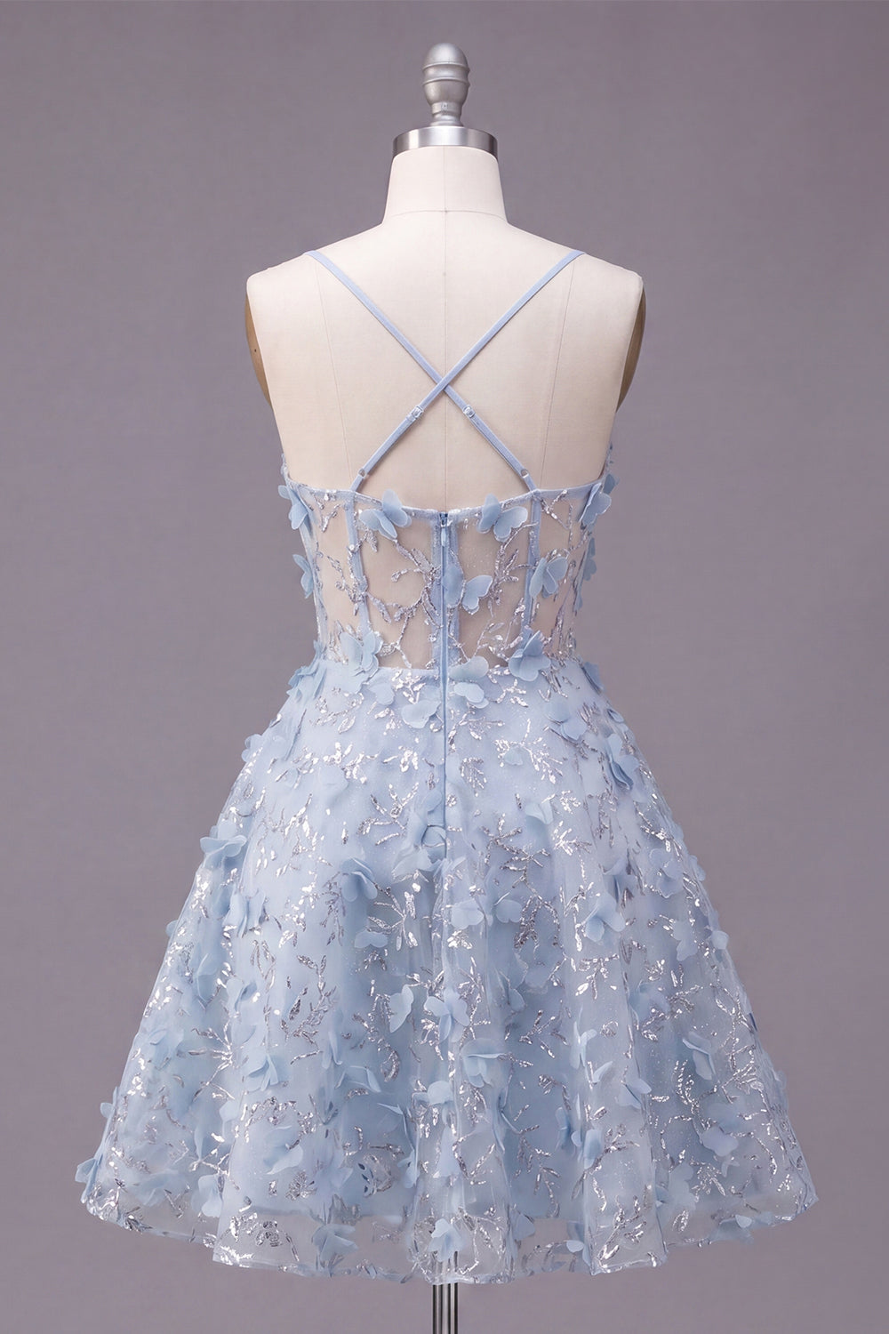 Sparkly Blue Spaghetti Straps Floral Sequin A Line Short Corset Homecoming Dress