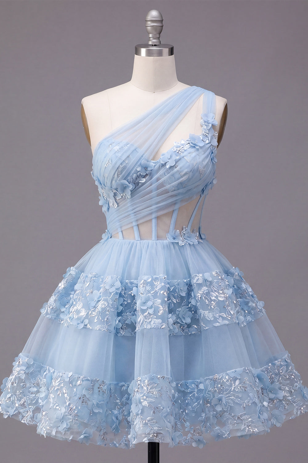 Sparkly Blue Corset Keyhole Floral A Line Short Sequin Homecoming Dress with Ruffles