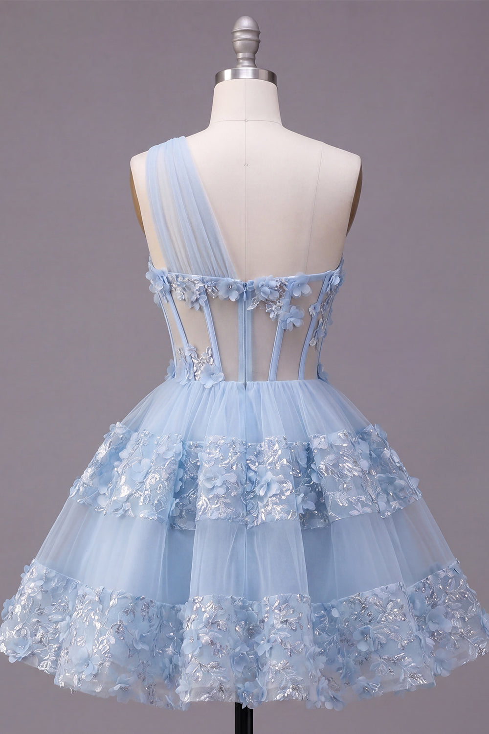 Sparkly Blue Corset Keyhole Floral A Line Short Sequin Homecoming Dress with Ruffles