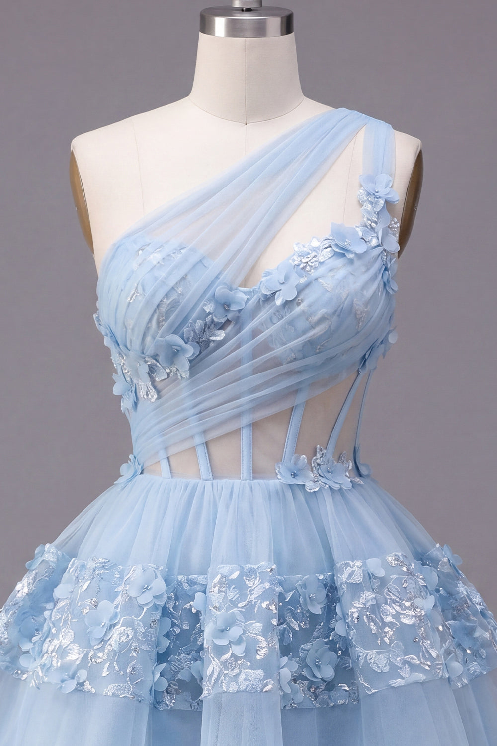 Sparkly Blue Corset Keyhole Floral A Line Short Sequin Homecoming Dress with Ruffles