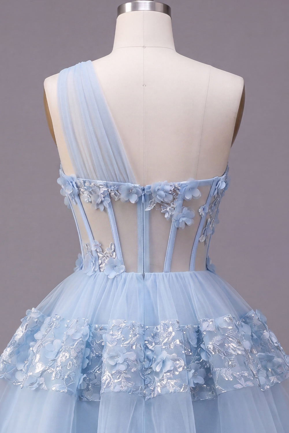 Sparkly Blue Corset Keyhole Floral A Line Short Sequin Homecoming Dress with Ruffles