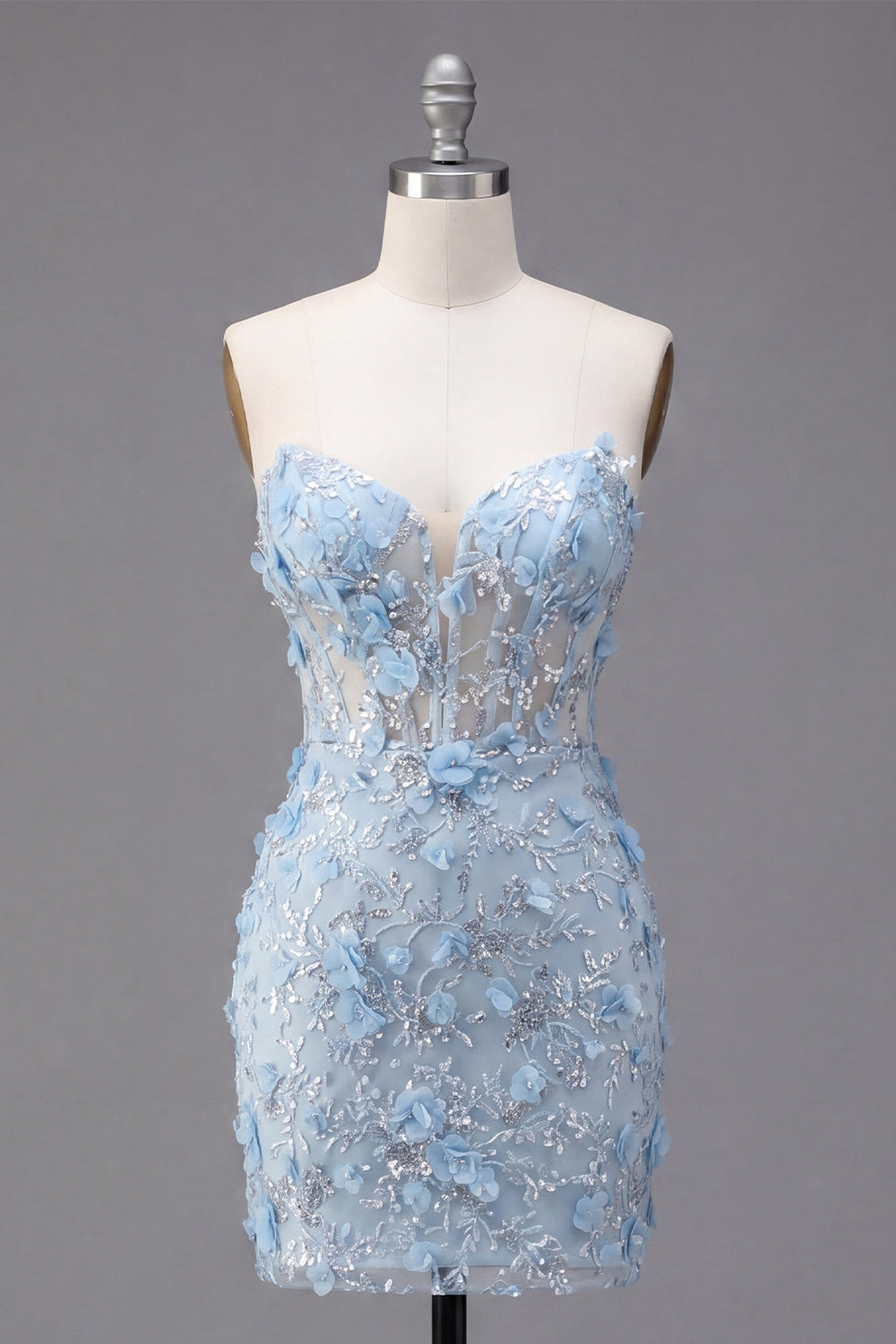 Sparkly Blue Corset Floral Tight Short Strapless Homecoming Dress with Beading
